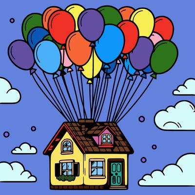 house floating from lots of balloons