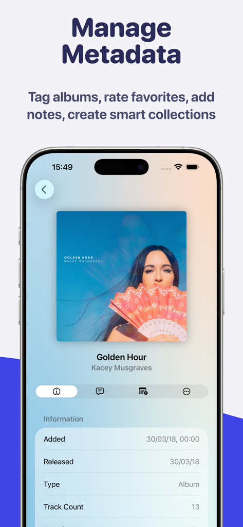 MusicBox: Catalog and Organize - Interfaz de la aplicación MusicBox que muestra la gestión de metadatos musicales y detalles de organización de álbumes.
