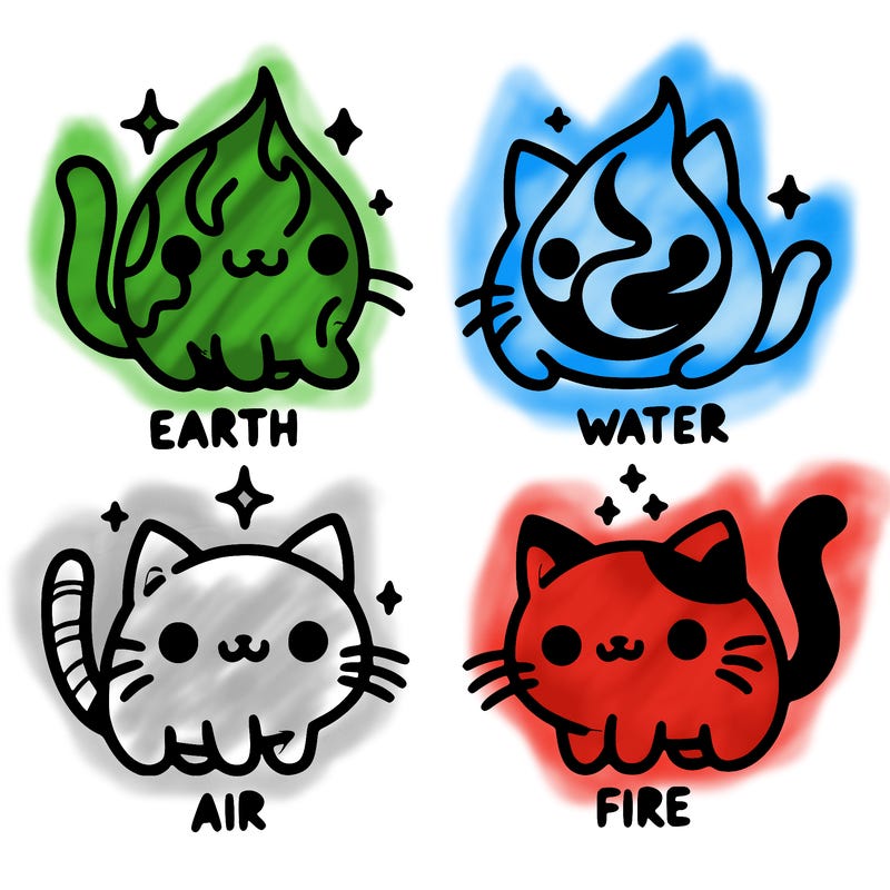4 cats that represent the different elements, earth, water, air, and fire