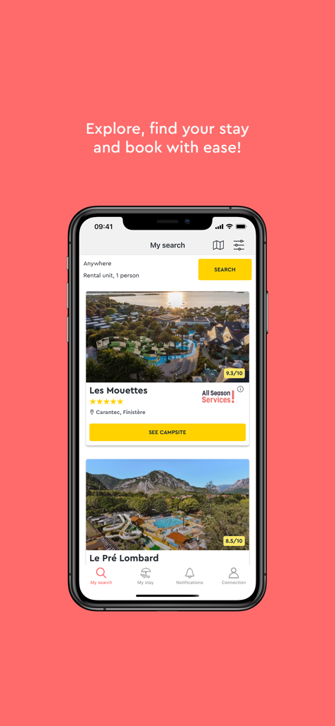 Yelloh! Village Camping - Pantalla móvil de la aplicación Yelloh Village que muestra una lista de búsqueda de campings europeos premium con piscinas y vistas panorámicas
