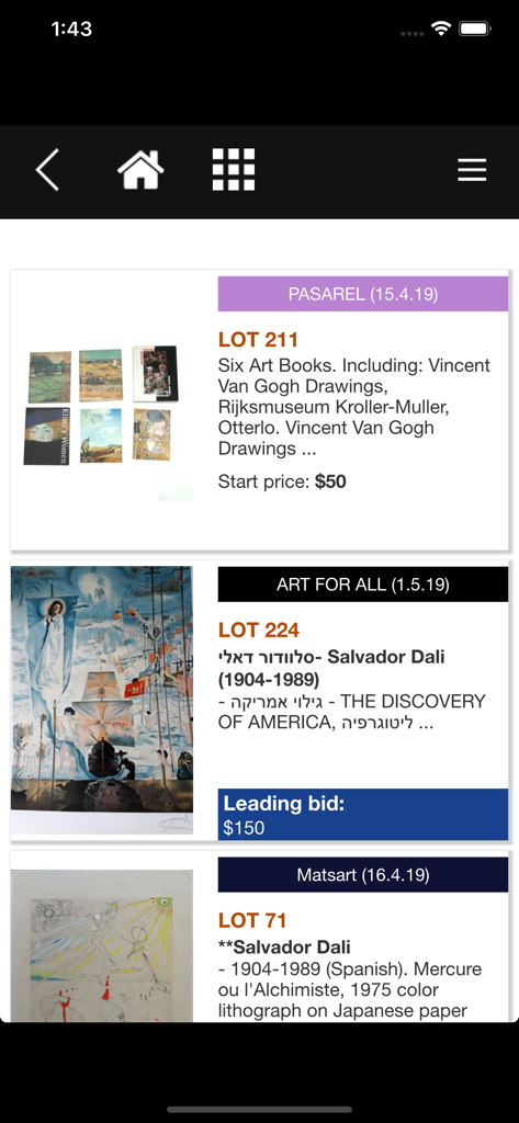 Bidspirit app showing art auction listings for Dali lithographs and art books