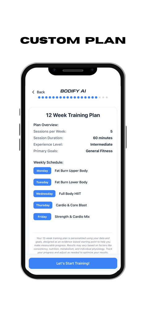 Bodify AI app showing a personalized 12 week fitness training plan with a weekly schedule