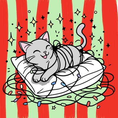 a cat happily tangled in glowing lights, lounging on a big cushion, clean lines, simple design, uncomplicated, tatoo desing