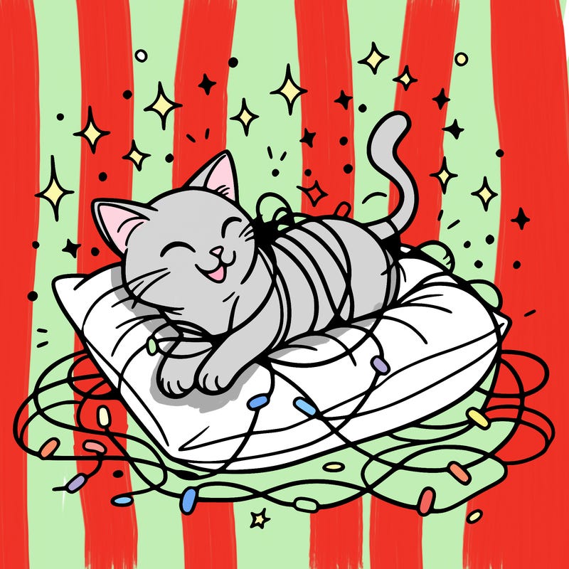 a cat happily tangled in glowing lights, lounging on a big cushion, clean lines, simple design, uncomplicated, tatoo desing