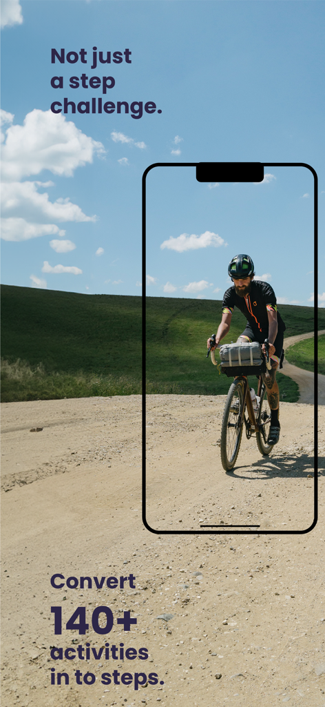 StepSense - Una persona en bicicleta en un camino de tierra enmarcado dentro de un teléfono inteligente que muestra cómo StepSense convierte diversas actividades en pasos