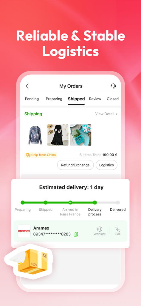 Yepexpress app screen showing the my orders section with detailed logistics tracking and estimated delivery status.
