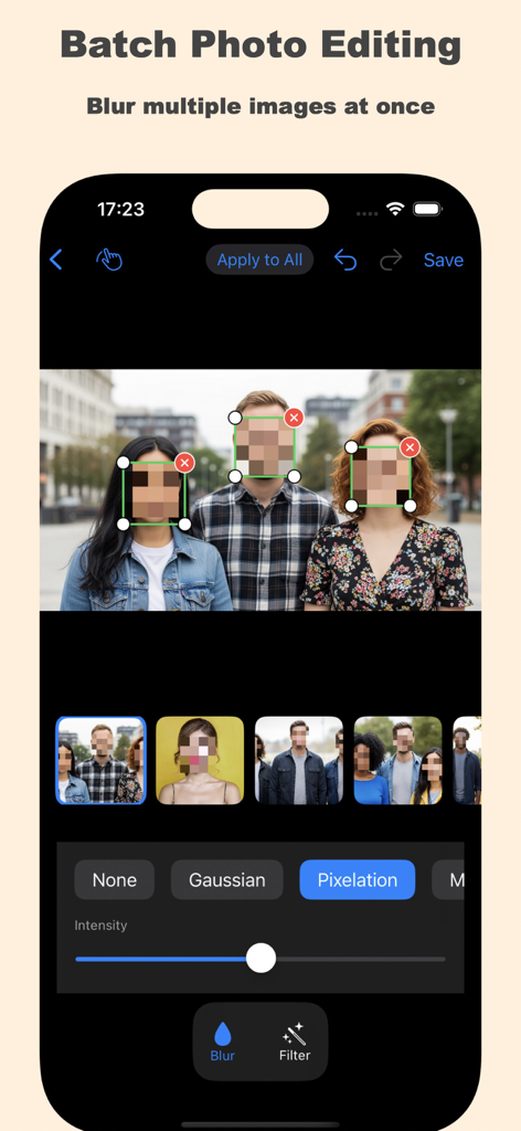 Interface do aplicativo Desfocar Rosto em Foto mostrando edição em lote para pixelizar rostos em várias fotos ao mesmo tempo