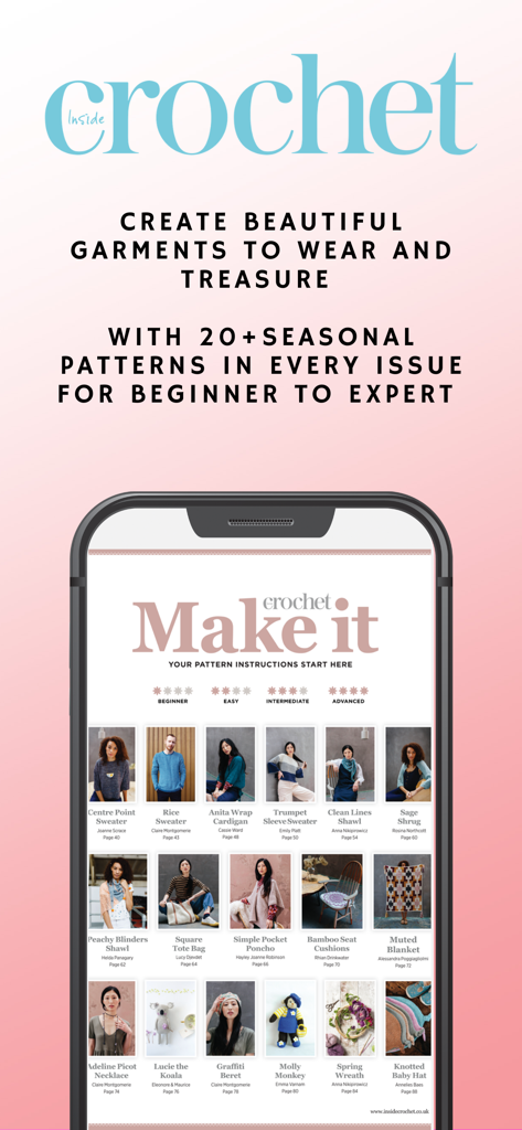 Aplicación móvil Inside Crochet Magazine mostrando una colección de patrones de crochet para niveles de principiante a experto.