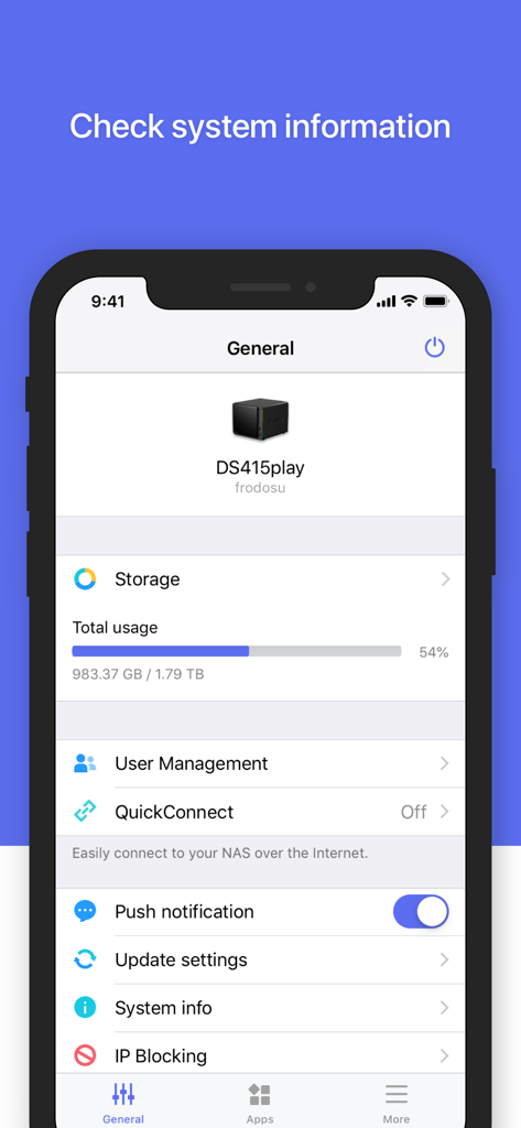 DS finder app interface showing Synology NAS storage usage and general system settings on an iPhone.
