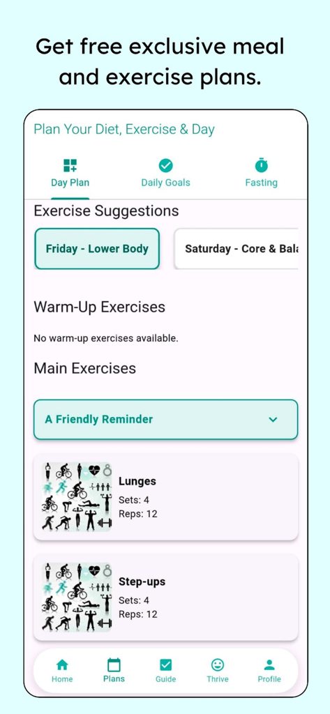 Healthyhold - Interface do aplicativo HealthyHold mostrando um plano de exercícios diário personalizado com rotinas de treino específicas