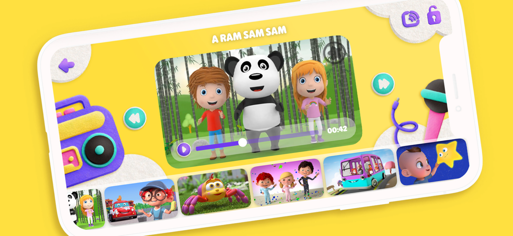 HeyKids - Nursery Rhymes - Interfaz de la aplicación HeyKids reproduciendo el video de la canción infantil A Ram Sam Sam con un panda y niños animados