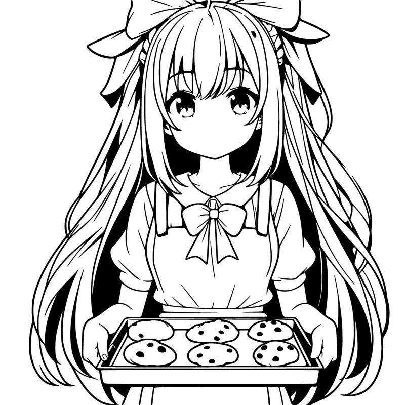 anime girl wearing an apron holding a tray of cookies