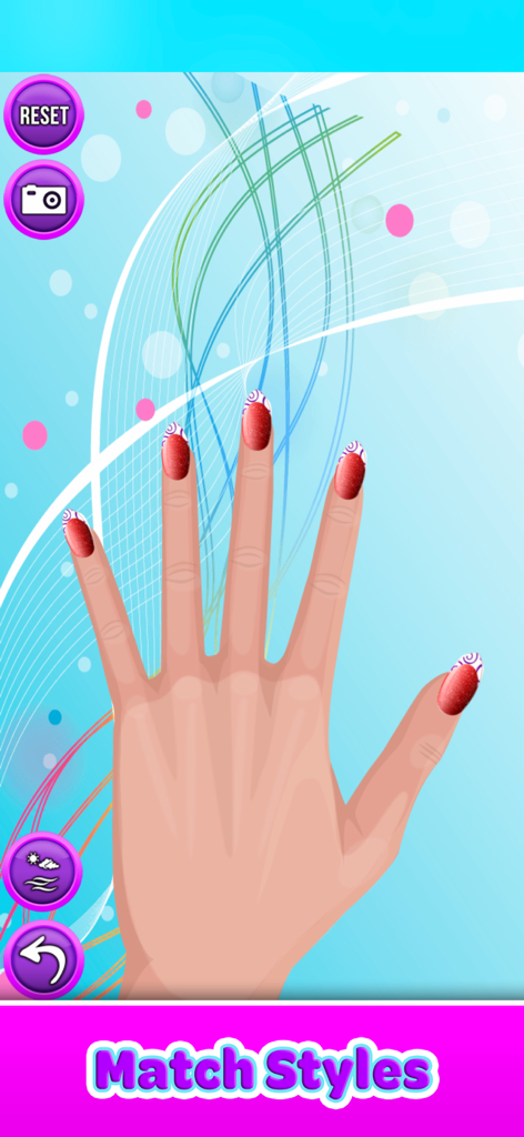 Nail Salon - Paint & Decorate - A hand with red glittery nail polish and white patterned tips in a nail salon game