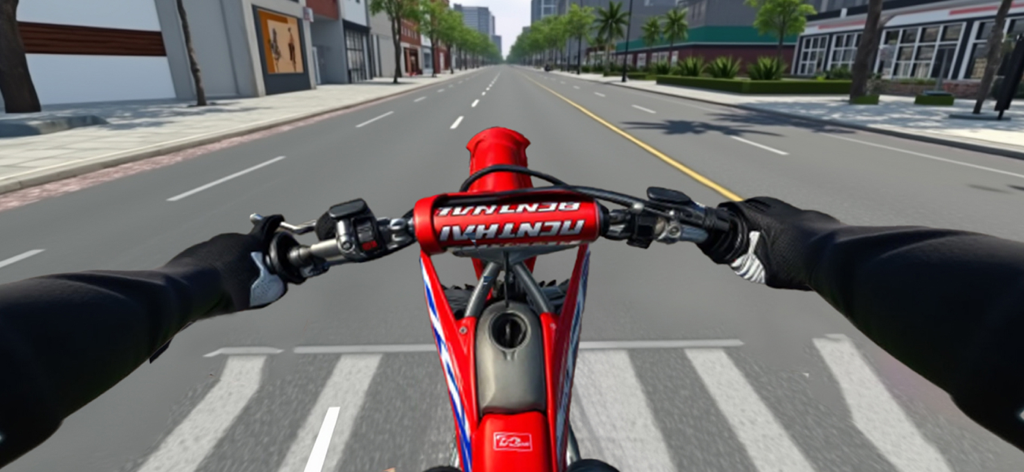 Wheelie Moto Bike Life Game - Vista en primera persona de un piloto en una moto de cross roja en una calle de la ciudad