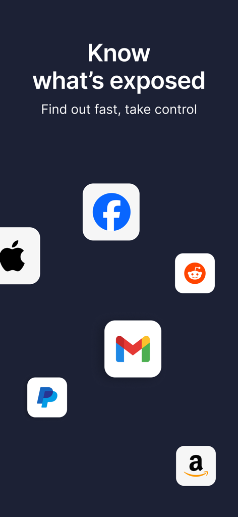 Guardio app screen displaying Know whats exposed text with icons for Facebook Gmail and Amazon