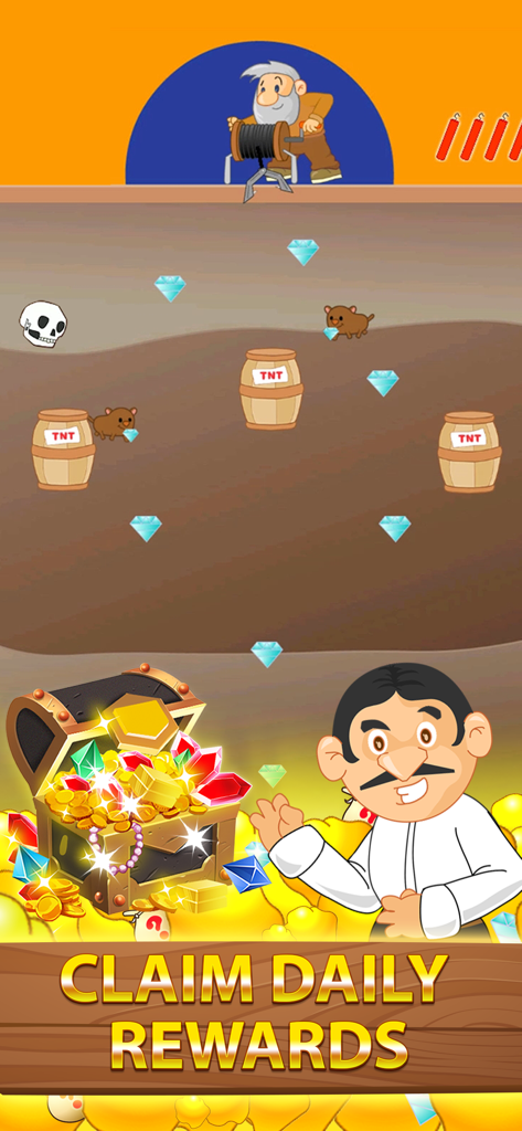 Gameplay-Bildschirm von Gold Miner Classic, der Schätze unter Tage und eine Aufforderung zu täglichen Belohnungen anzeigt