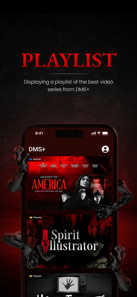 DMS Plus - DMS Plus mobile app interface displaying a playlist of horror series including Journey to America and Spirit Illustrator.