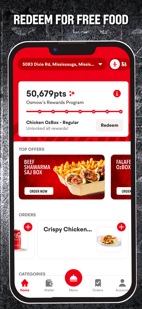 Interface do aplicativo Osmows mostrando pontos de fidelidade e ofertas de comida