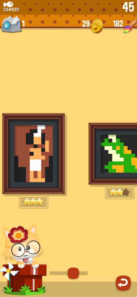 Hungry Cat Nonogram - A gallery view in the Hungry Cat Nonogram app showing completed pixel art paintings in frames and a cute customized cat character.