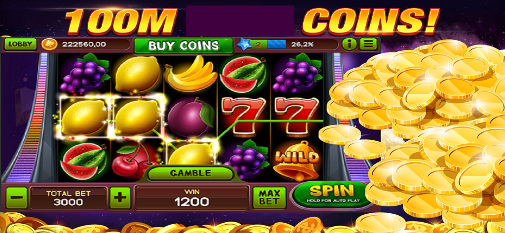 Gameplay screen of Vegas Slots 777 showing a fruit slot machine and bonus gold coins