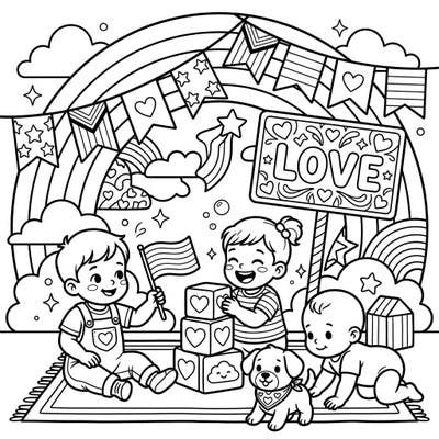 Dive into a world of love and joy with this heartwarming coloring page featuring playing babies celebrating Pride. It's a delightful scene filled with adorable characters, rainbows, and symbols of inclusivity perfect for all ages.