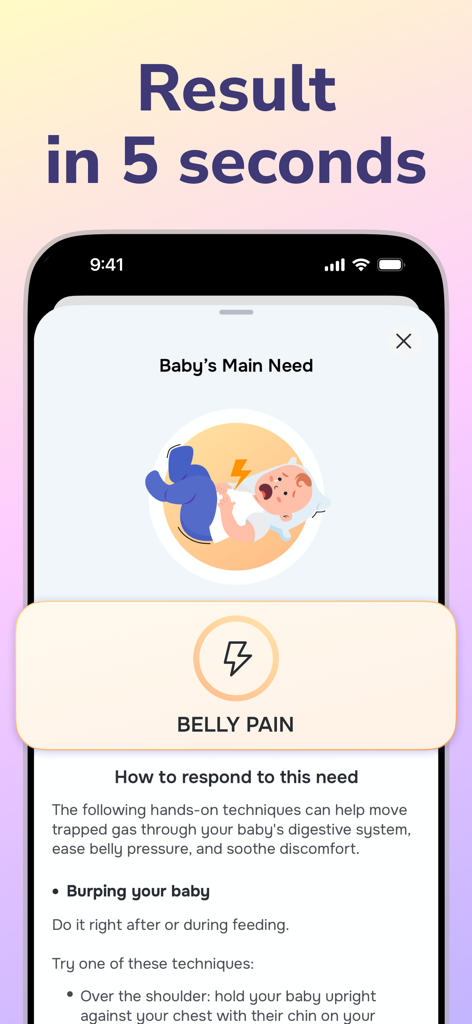 Cry Analyzer · Baby Translator - Pantalla de la aplicación Cry Analyzer que muestra un resultado de dolor de barriga con consejos de expertos aprobados por pediatras para bebés