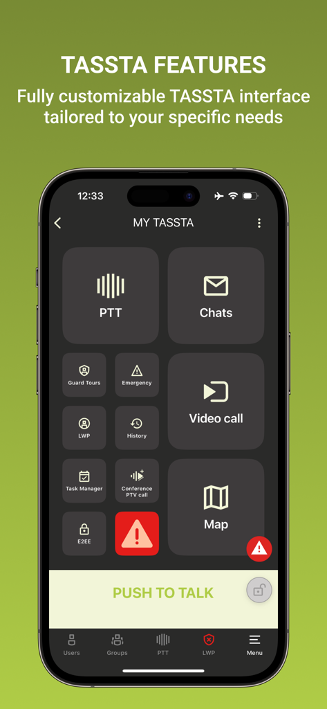 TASSTA T.Flex - TASSTA T.Flex mobile app interface showing customizable mission critical features like PTT and Map.