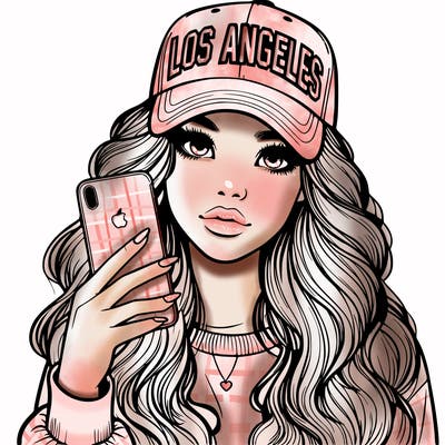 realistic beautiful girl wearing los ángeles cap holding an iphone
