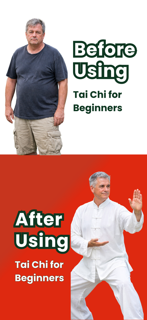 Tai Chi for Beginners Daily - Comparación antes y después de un hombre mostrando la transformación física y mental de usar la aplicación Tai Chi para Principiantes