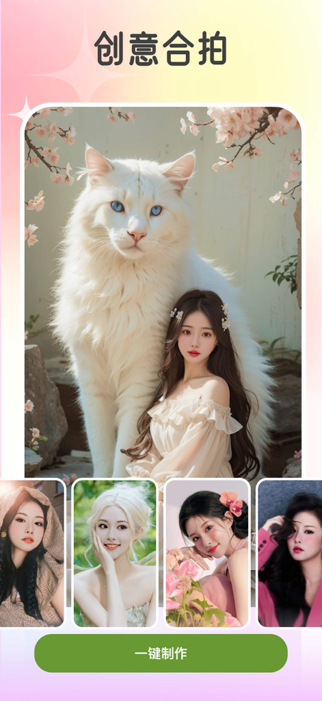 拍鸭 - Mobile app interface for Paiya showing an AI-generated portrait of a woman with a giant white cat