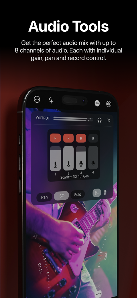 Mavis - Camera - Mavis Camera professional audio mixer showing multichannel gain and record controls