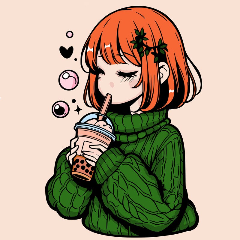 manga girl drinking boba in cozy sweater