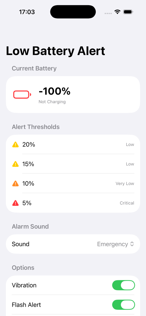 Low Battery Alert - Schermata delle impostazioni dell'app Avviso Batteria Scarica che mostra soglie di batteria personalizzabili e opzioni di allarme