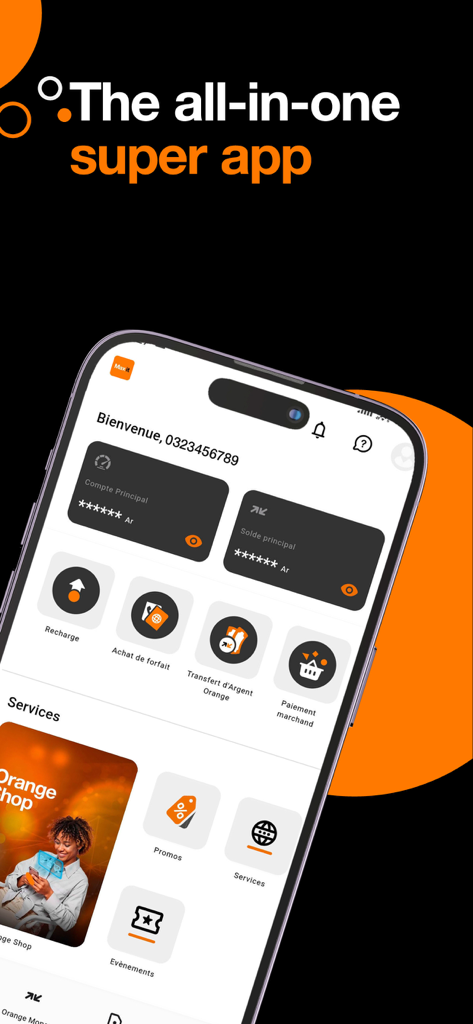 Orange Max it - Madagascar - Écran d'accueil de l'application Orange Max it Madagascar affichant les services mobiles et d'argent