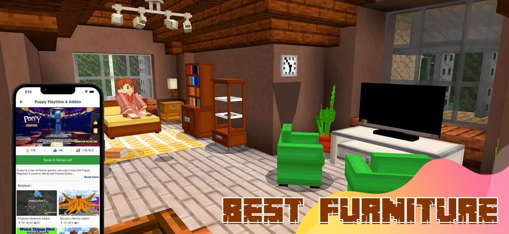 Addons & Skin for Minecraft PE - M i n e c r a f t i n t e r i o r w i t h m o d e r n f u r n i t u r e a n d t h e a d d o n s a p p i n t e r f a c e o n a s m a r t p h o n e