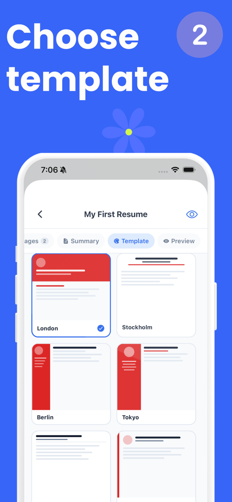 Un'interfaccia mobile che mostra vari modelli di curriculum professionali denominati London Stockholm Berlin e Tokyo