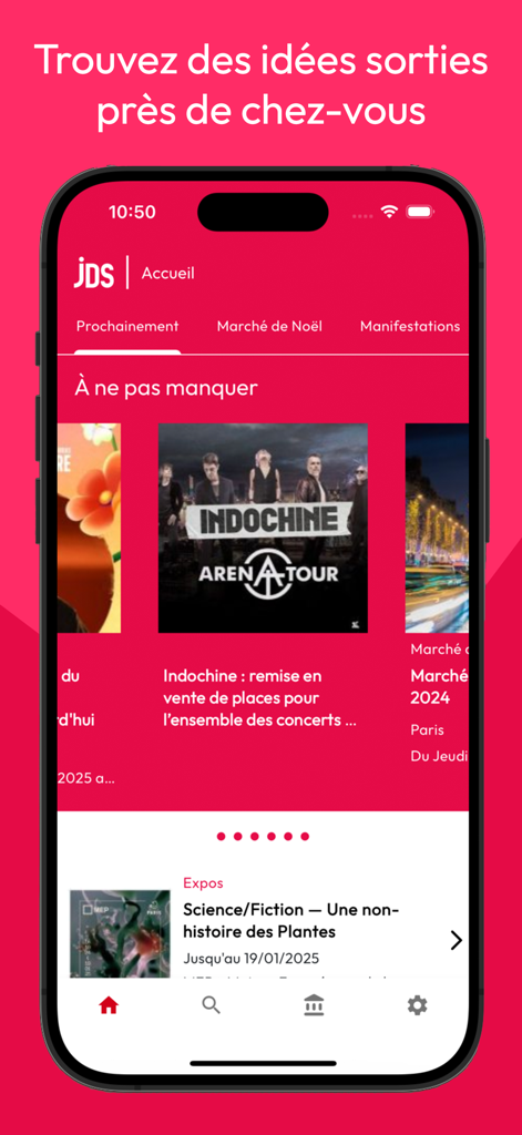 JDS - Idées sorties en France - Homepage of the JDS mobile app displaying cultural events and outing ideas in France.