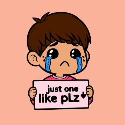 realistic crying boy with a sign saying just one like plz