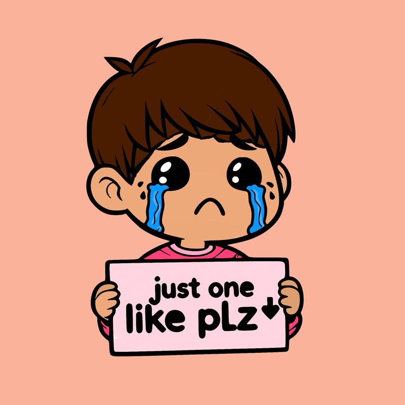 realistic crying boy with a sign saying just one like plz