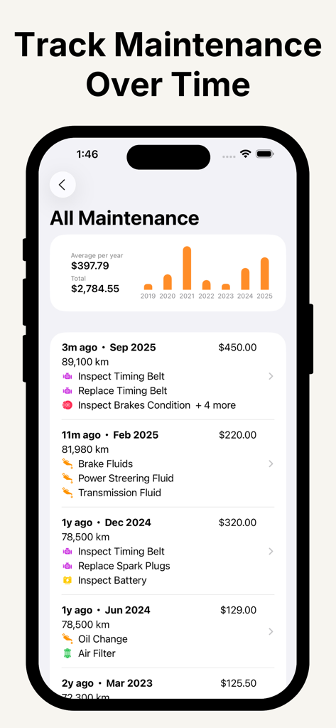 Pantalla de smartphone que muestra un registro del historial de mantenimiento del coche con registros de servicio y estadísticas de costes anuales.