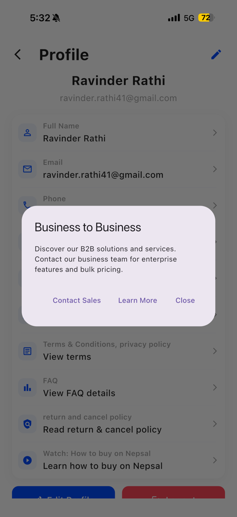 NEPSAL mobile app profile screen with a Business to Business services popup