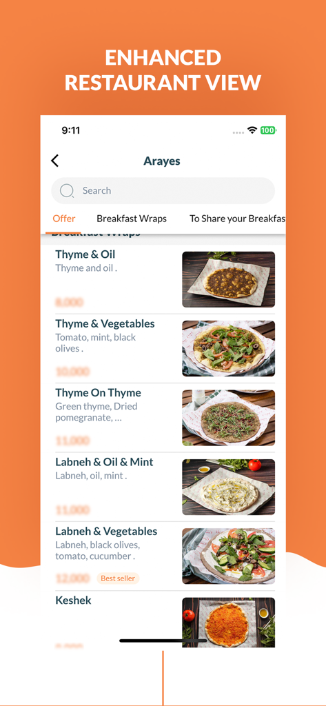 بي ديليفري - Bee Delivery 앱 화면에는 중동식 아침 식사 랩 메뉴가 이미지와 가격과 함께 표시됩니다.