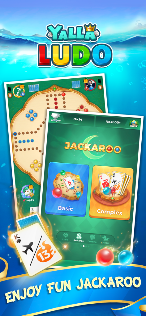 Yalla Ludo app screenshot showing Jackaroo board game modes and gameplay interface