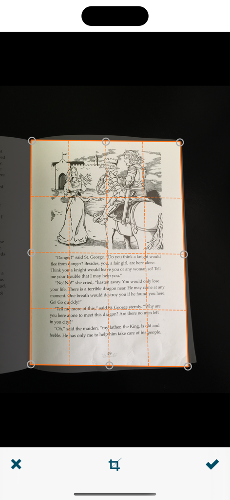 Scan It All Pro - Interfaz de la aplicación Scan It All Pro mostrando la detección automática de bordes y el recorte de documentos en una página de libro.