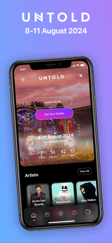 Startbildschirm der mobilen App Untold Festival mit einem Countdown bis zur Veranstaltung und einer Liste der Headliner
