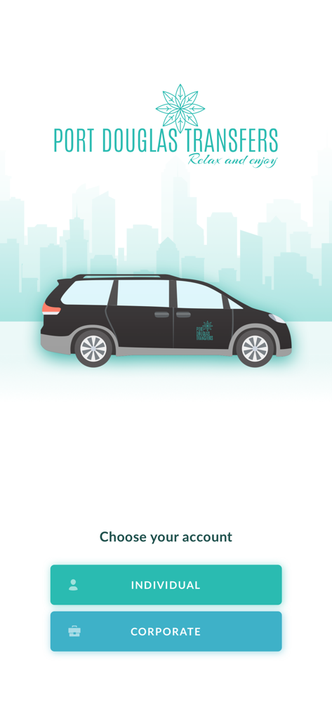 Port Douglas Transfers - Port Douglas Transfers app welcome screen with individual and corporate account buttons