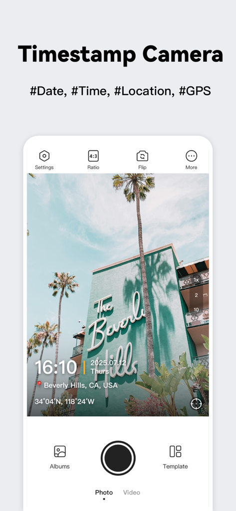 Timestamp Camera - Timemark - 日付、時刻、場所のウォーターマーク付きの写真を表示するTimestamp Cameraのスマートフォンインターフェース