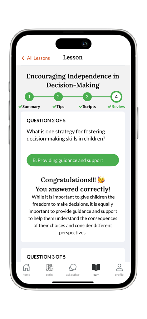 Parenting TRICK - A lesson screen in the Parenting TRICK app featuring a quiz on encouraging independence in children's decision-making.