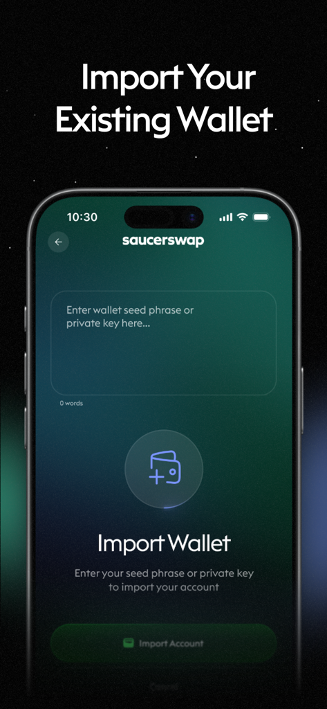 SaucerSwap: Hedera Wallet - The SaucerSwap Hedera Wallet app interface for importing an existing account using a seed phrase or private key.