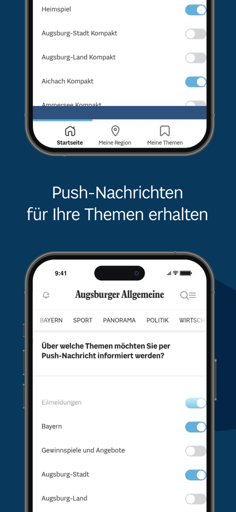 Augsburger Allgemeine News - Interfaz de la aplicación Augsburger Allgemeine News que muestra la configuración de notificaciones push para personalizar temas de noticias locales.